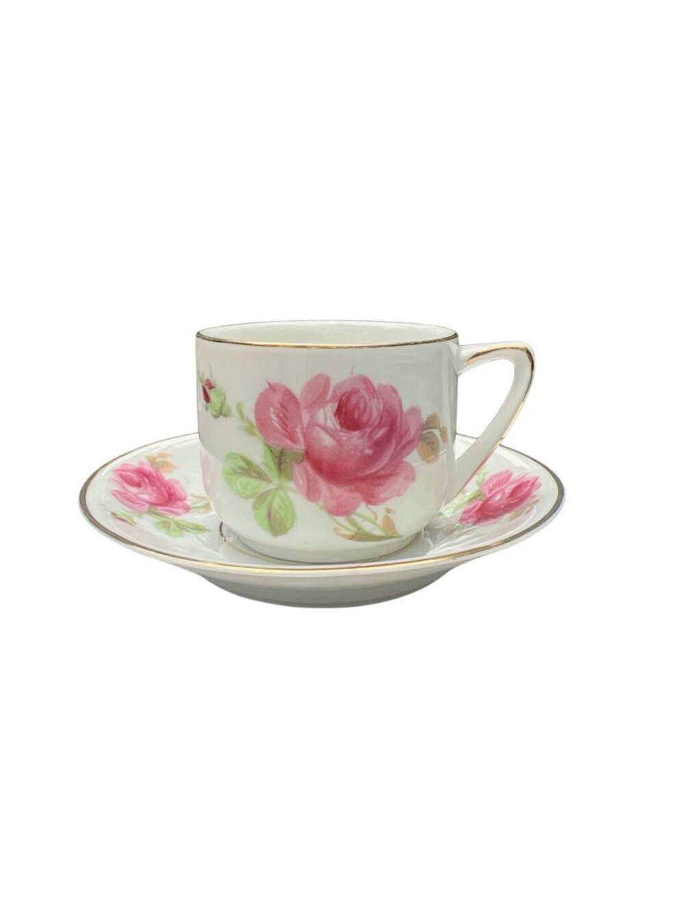 Vintage Bone China Pink Rose Tea Cup & Saucer Set With Gold Trim - Elegant Flora